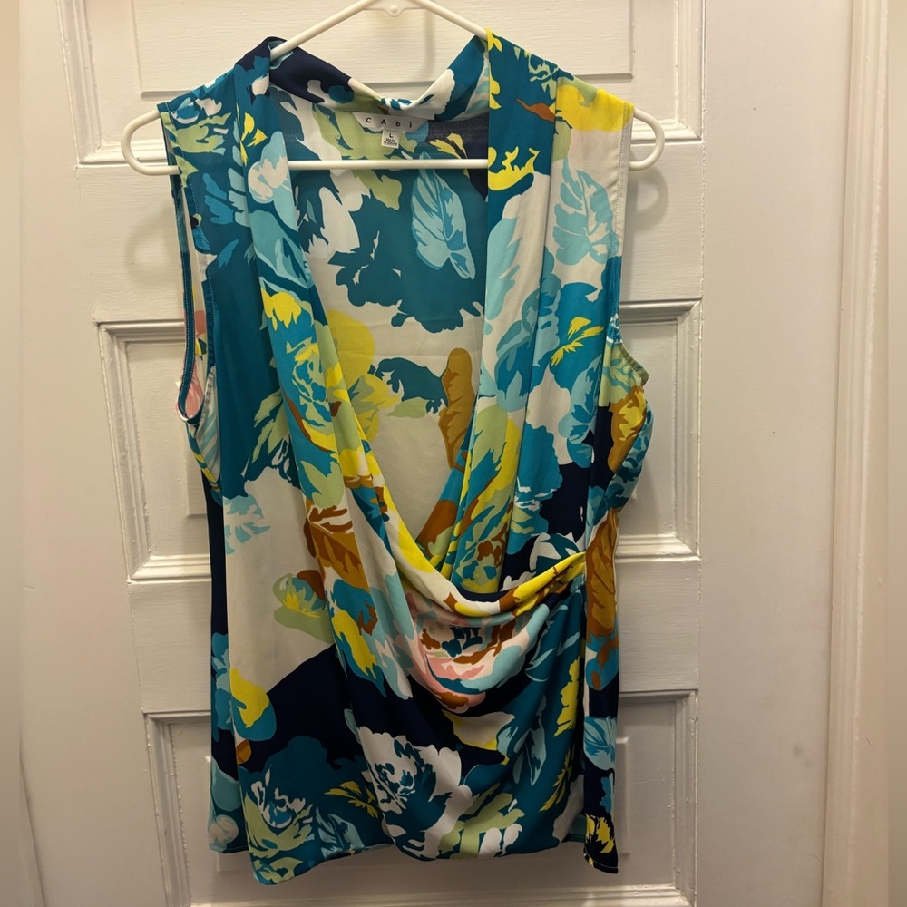 CAbi Spring Blossom Floral faux wrap blouse #741 size large